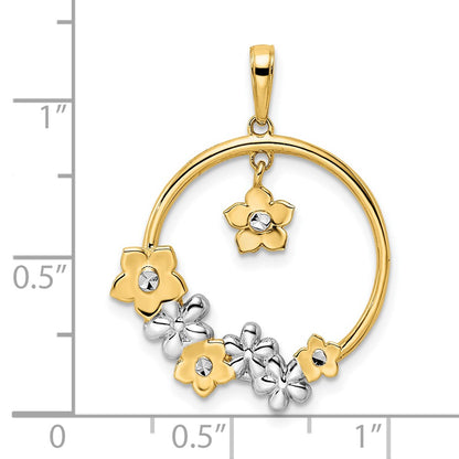 14k Yellow & Rhodium Gold and White Rhodium Diamond-cut Flowers Pendant