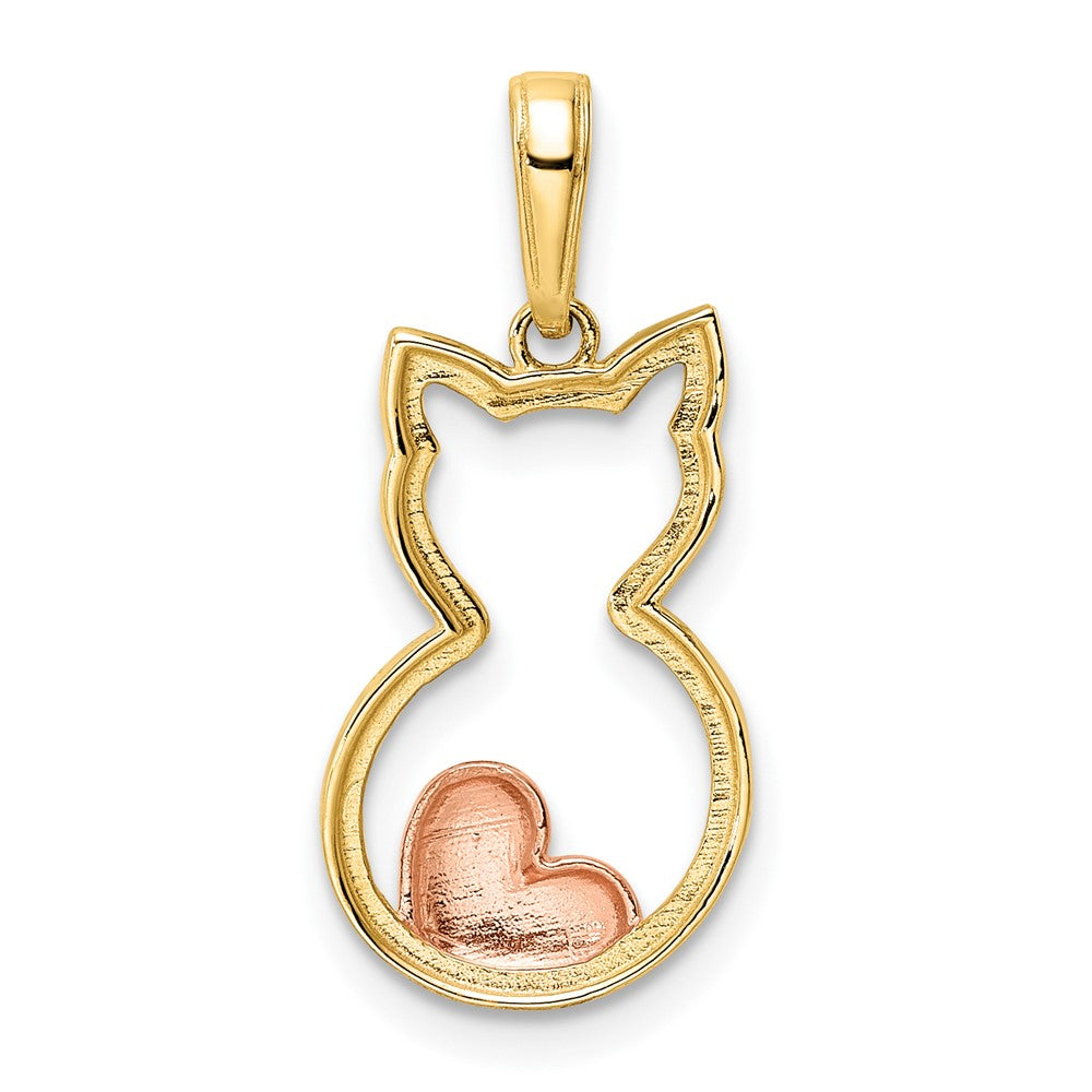 14K Yellow & Rhodium W/White And Rose Diamond-Cut Cat W/ Heart Pendant
