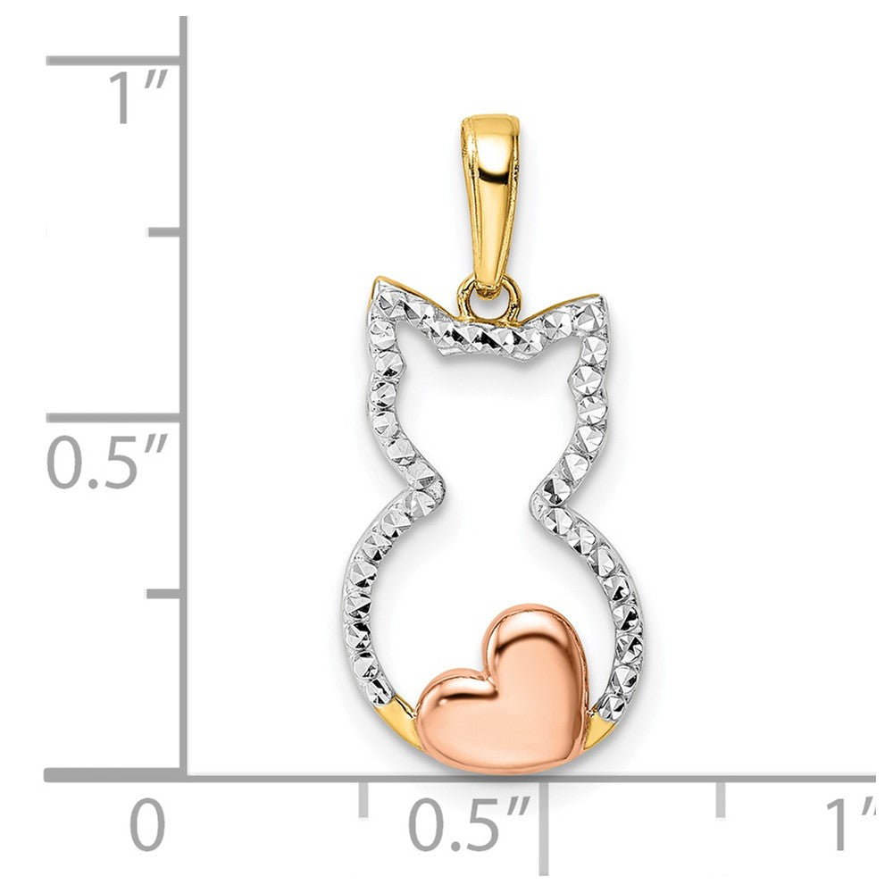 14K Yellow & Rhodium W/White And Rose Diamond-Cut Cat W/ Heart Pendant