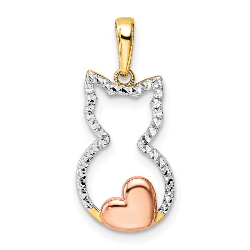 14K Yellow & Rhodium W/White And Rose Diamond-Cut Cat W/ Heart Pendant