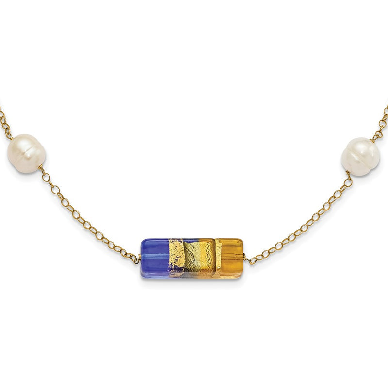 14K Yellow Gold 14Ky Fw Cultured Pearl & Murano Glass Bead Necklace