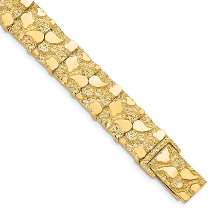 14K Yellow Gold Polished And Textured 12.50mm 7 Inch Nugget Bracelet