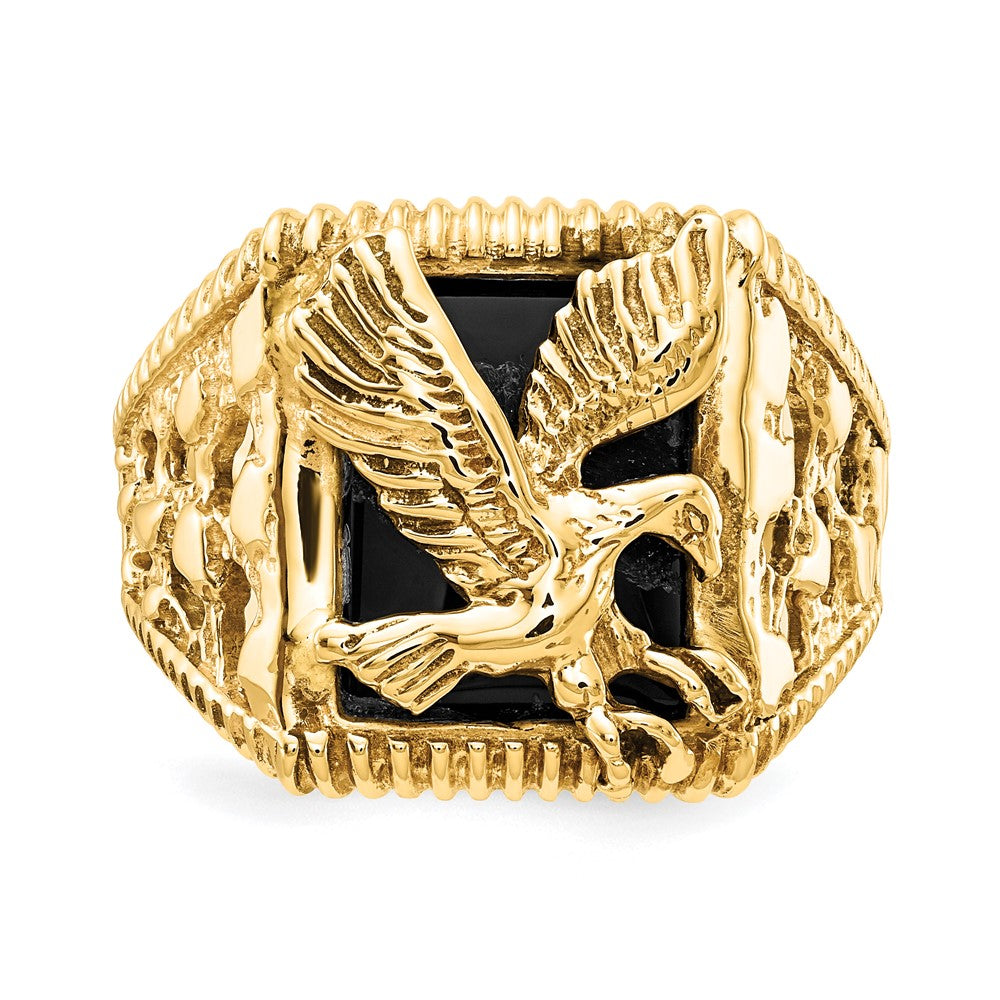 Solid 14k Yellow Gold Men's Simulated Onyx Eagle Ring
