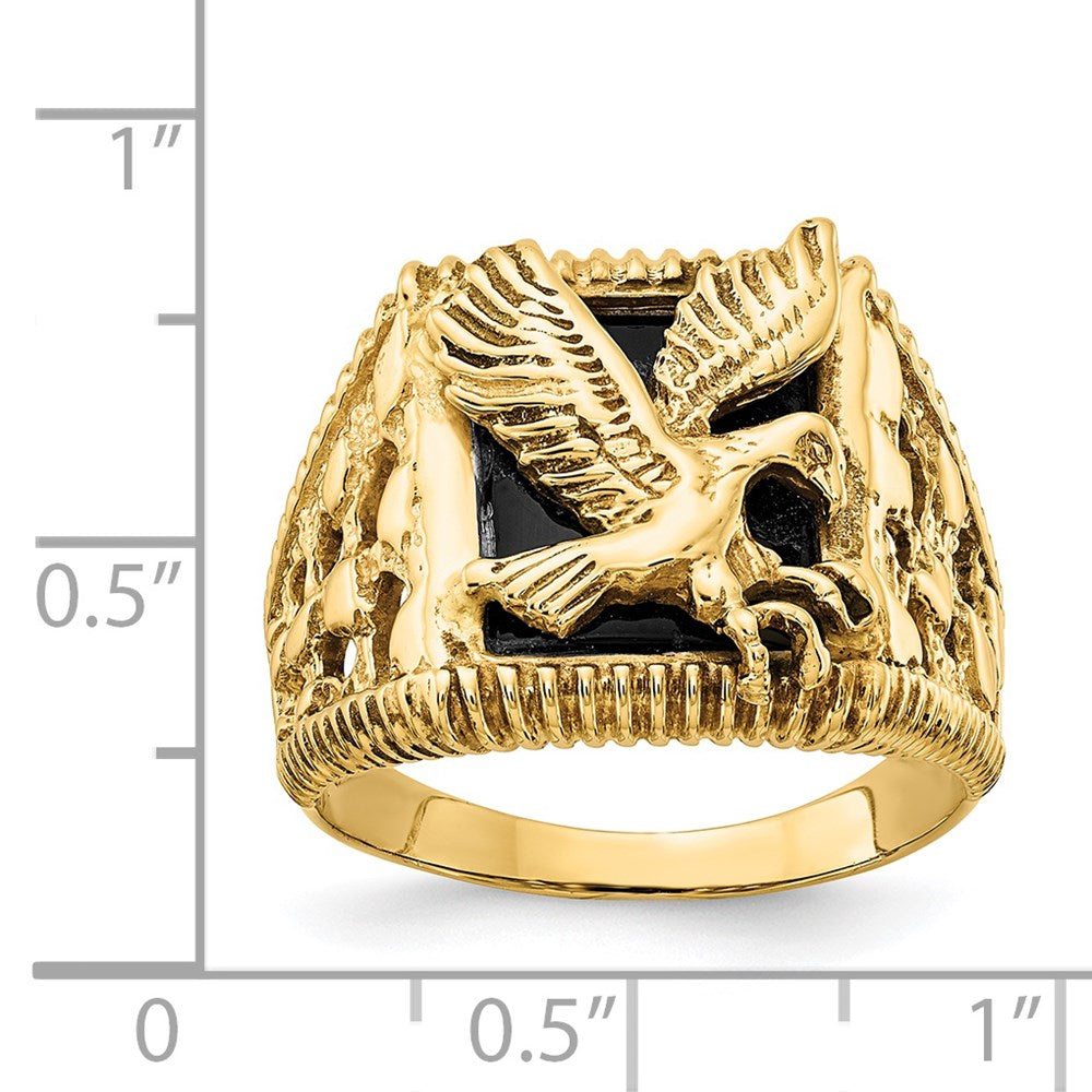 Solid 14k Yellow Gold Men's Simulated Onyx Eagle Ring
