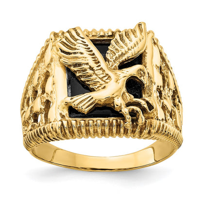 Solid 14k Yellow Gold Men's Simulated Onyx Eagle Ring