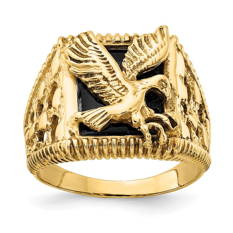 Solid 14k Yellow Gold Men's Simulated Onyx Eagle Ring