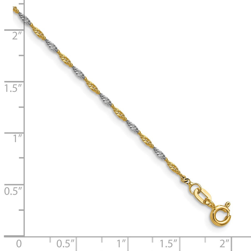 14k Yellow Gold with Rhodium 1.4mm Singapore Chain Bracelet