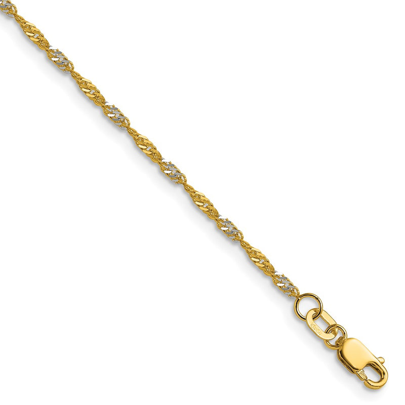 14k Yellow Gold with Rhodium 1.65mm Singapore Chain Anklet
