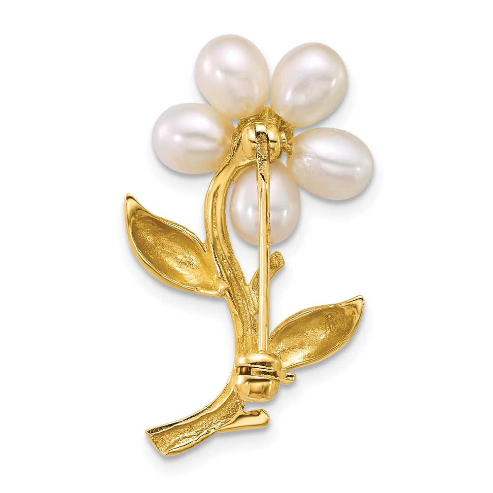 14k Yellow Gold 4-5mm Rice White FWC Pearl Flower Brooch