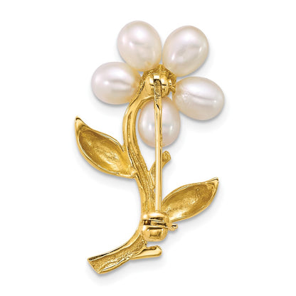 14k Yellow Gold 4-5mm Rice White FWC Pearl Flower Brooch