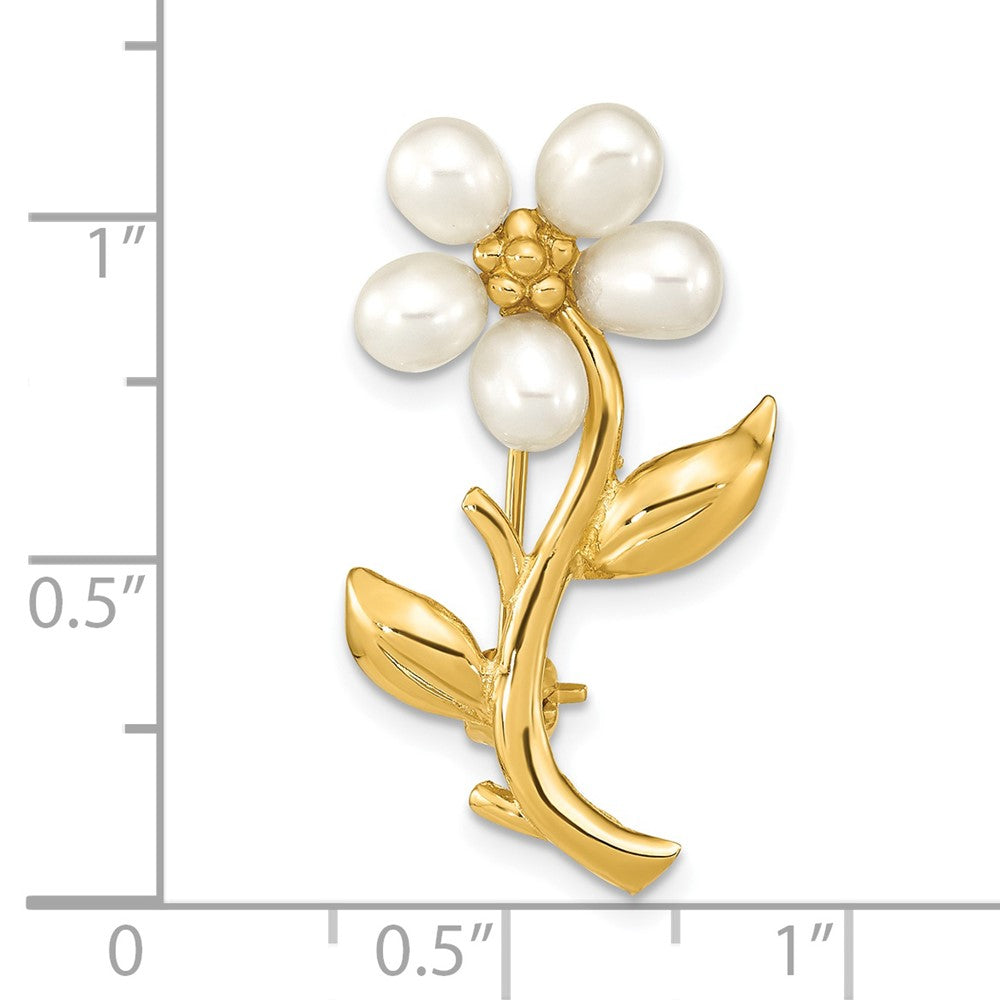 14k Yellow Gold 4-5mm Rice White FWC Pearl Flower Brooch