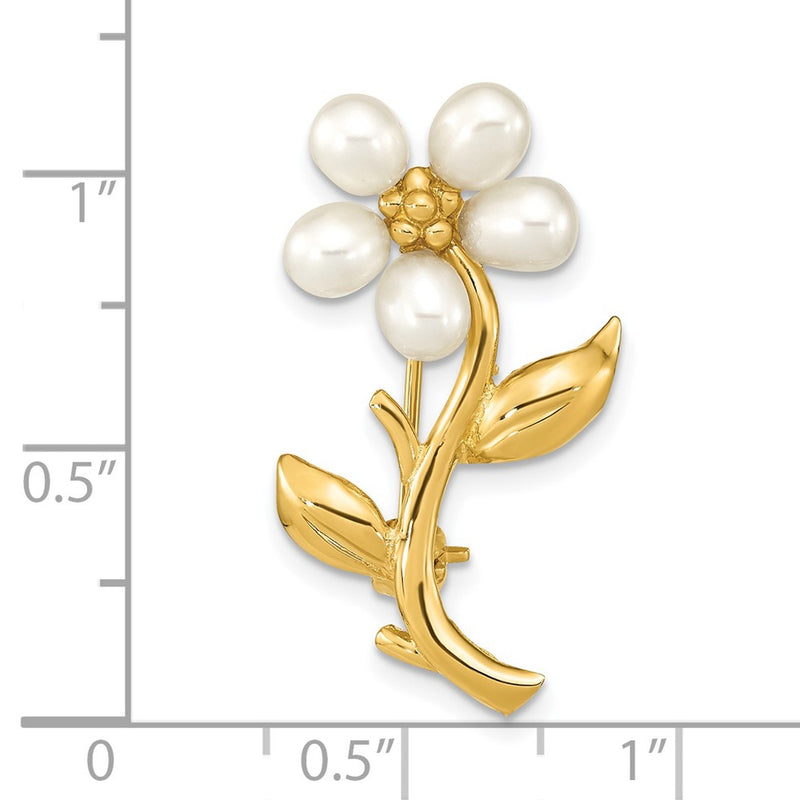 14k Yellow Gold 4-5mm Rice White FWC Pearl Flower Brooch