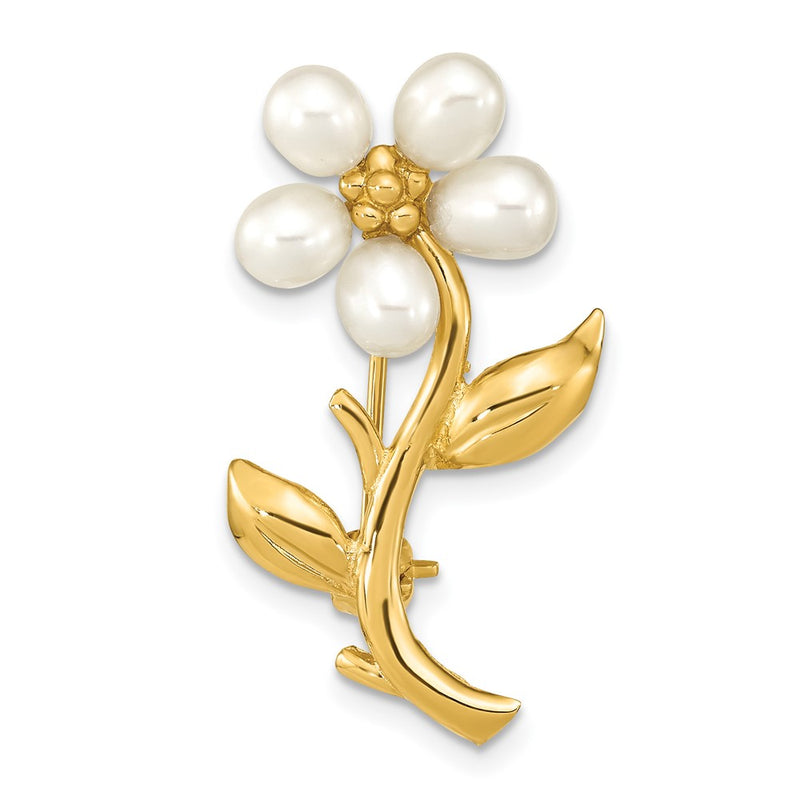 14k Yellow Gold 4-5mm Rice White FWC Pearl Flower Brooch