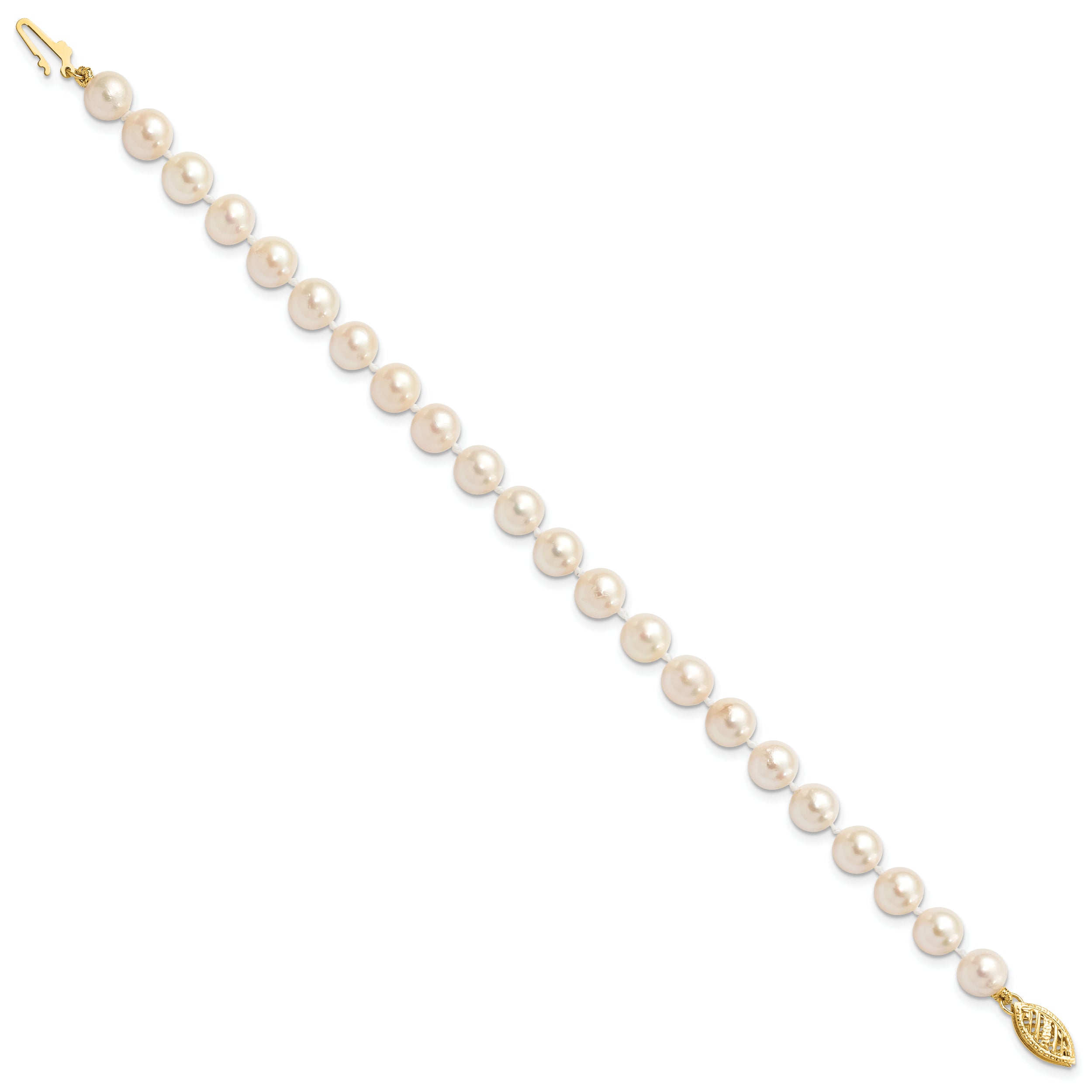 14K Yellow Gold 6 7mm White Round Akoya Saltwater Cultured Pearl 7 Inch Bracelet