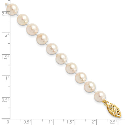 14K Yellow Gold 6 7mm White Round Akoya Saltwater Cultured Pearl 7 Inch Bracelet