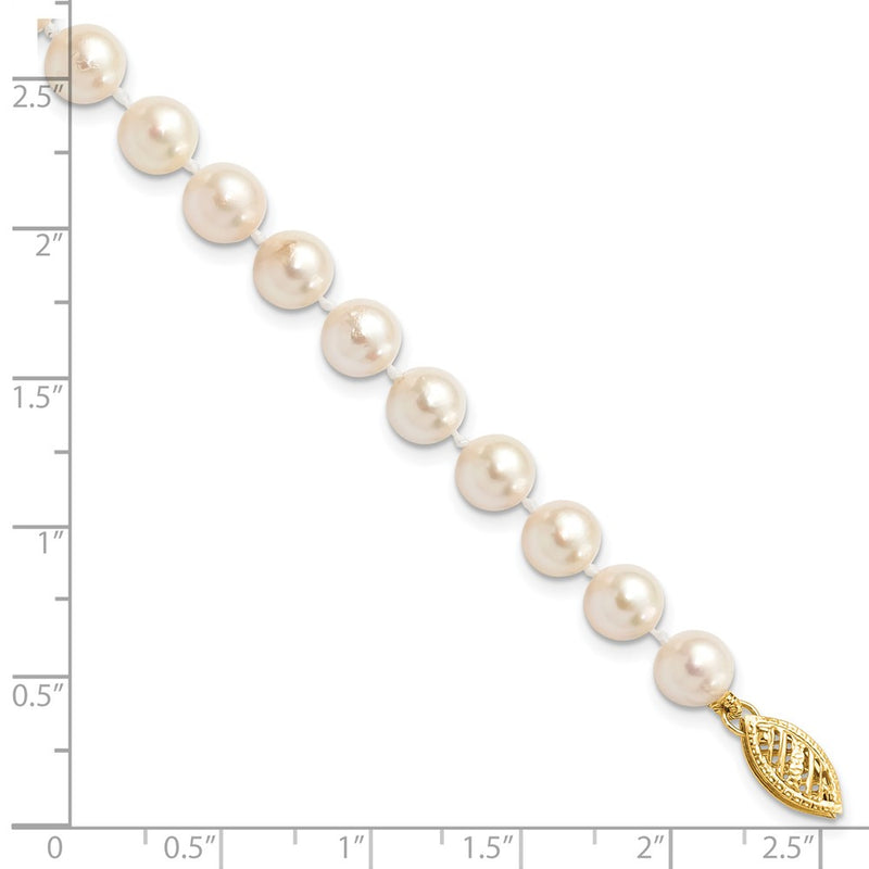 14K Yellow Gold 6 7mm White Round Akoya Saltwater Cultured Pearl 7 Inch Bracelet