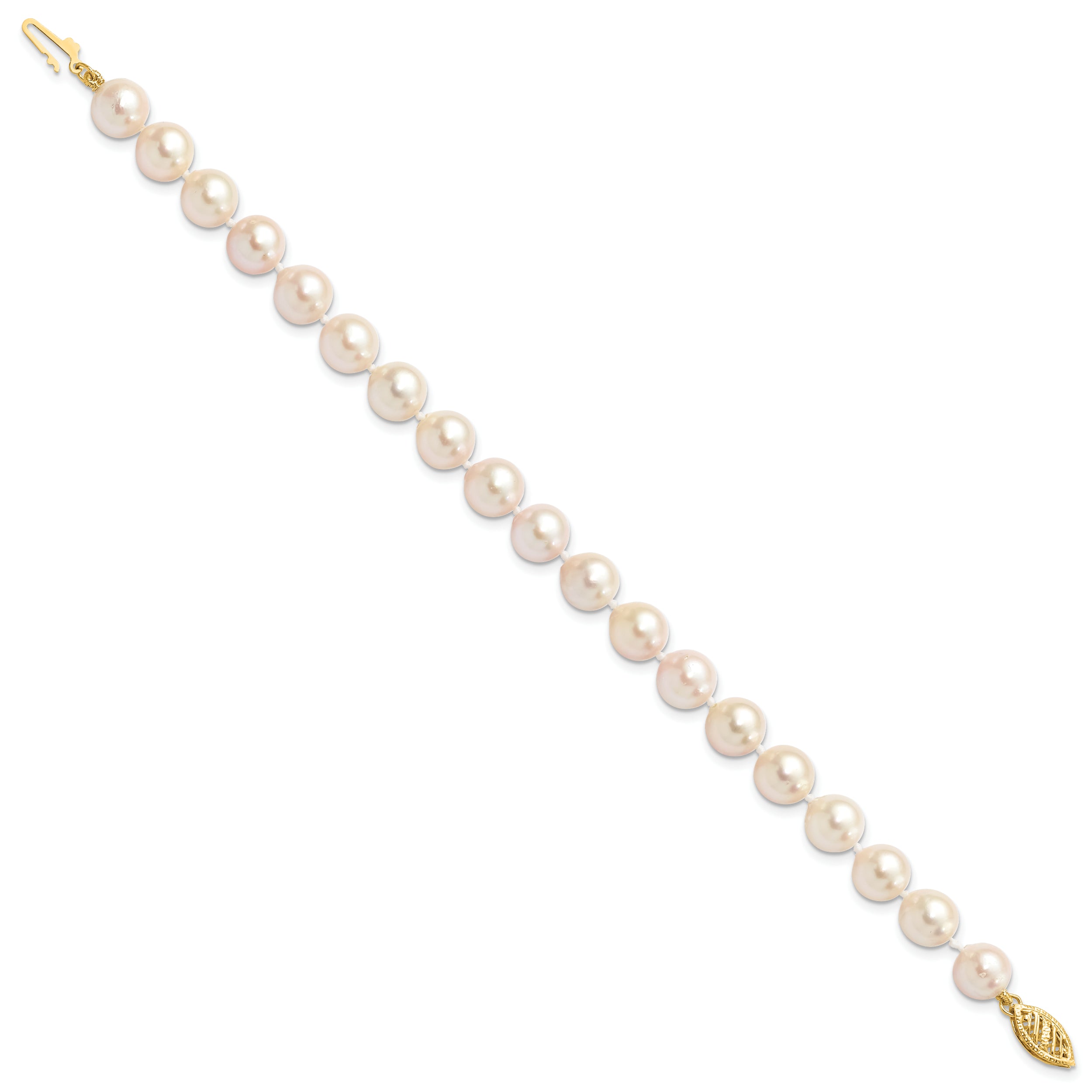 14K Yellow Gold 7 8mm White Round Akoya Saltwater Cultured Pearl Inch Bracelet