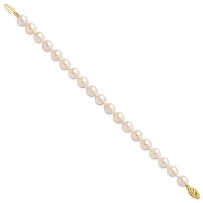 14K Yellow Gold 7 8mm White Round Akoya Saltwater Cultured Pearl Inch Bracelet