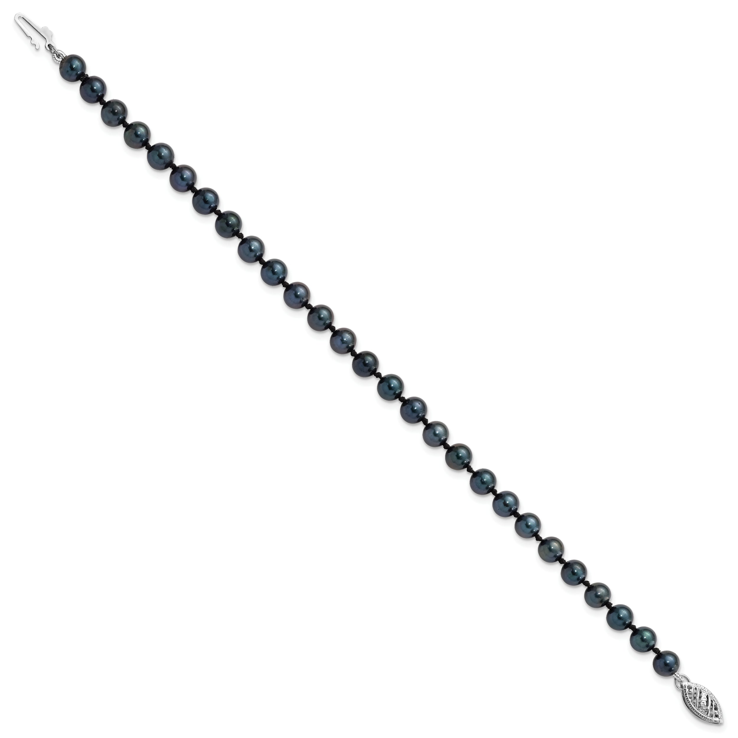 14K White Gold 5 6mm Black Round Akoya Saltwater Cultured Pearl 7 Inch Bracelet