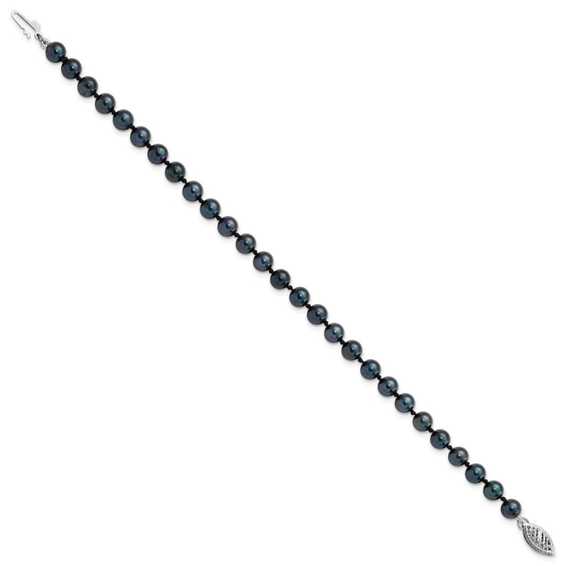 14K White Gold 5 6mm Black Round Akoya Saltwater Cultured Pearl 7 Inch Bracelet