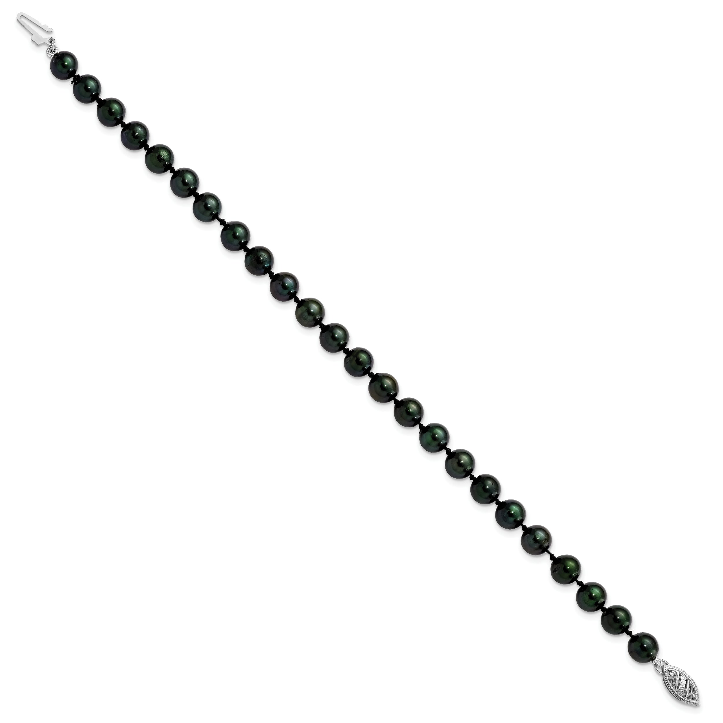 14K White Gold 6 7mm Black Round Akoya Saltwater Cultured Pearl 7 Inch Bracelet