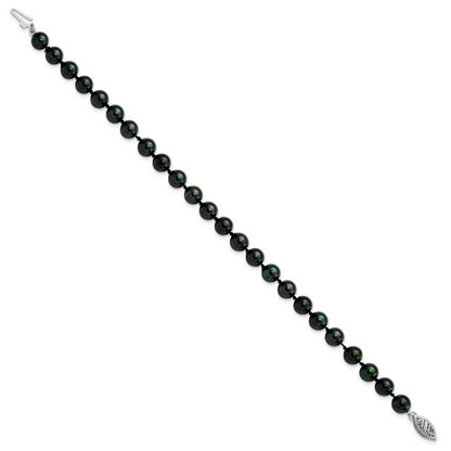 14K White Gold 6 7mm Black Round Akoya Saltwater Cultured Pearl 7 Inch Bracelet