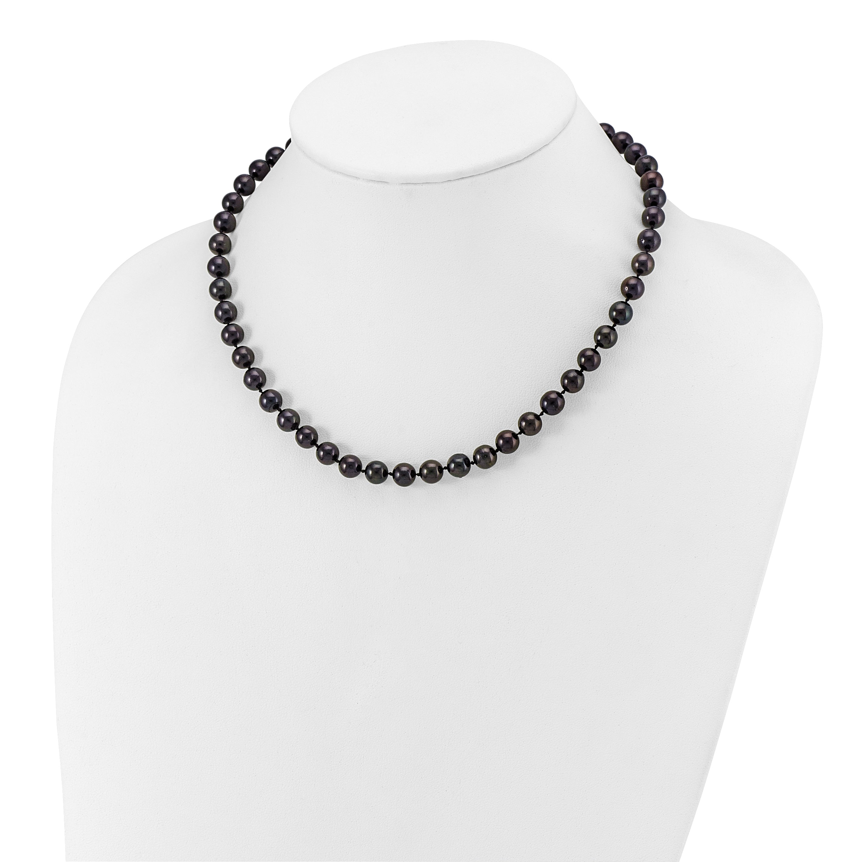 14K White Gold 7 8mm Black Round Akoya Saltwater Cultured Pearl 16 Inch Necklace