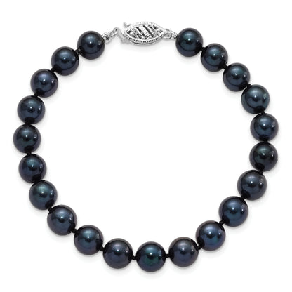 14K White Gold 7 8mm Black Round Akoya Saltwater Cultured Pearl Inch Bracelet
