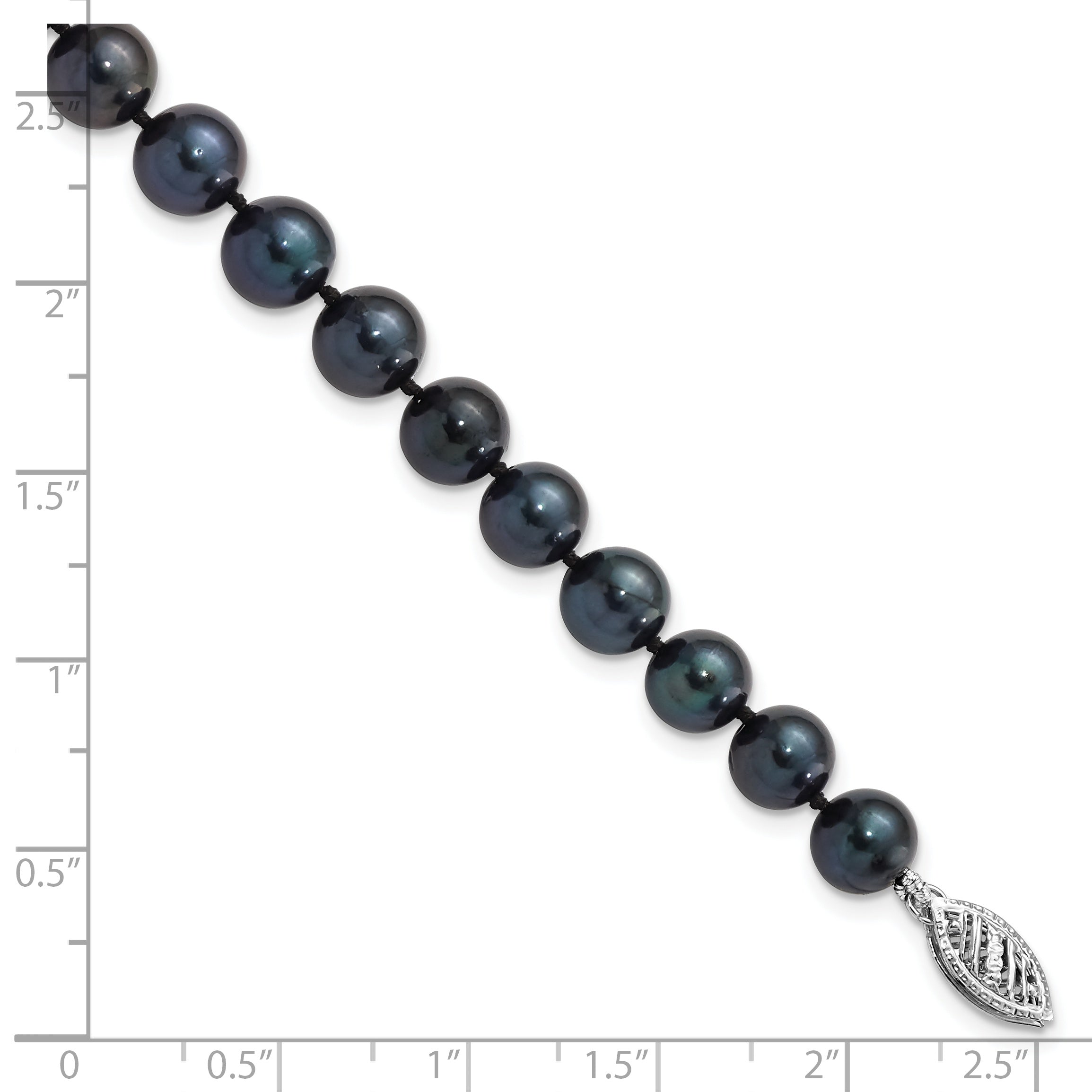 14K White Gold 7 8mm Black Round Akoya Saltwater Cultured Pearl Inch Bracelet