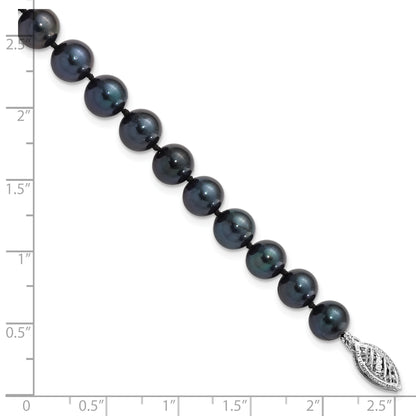14K White Gold 7 8mm Black Round Akoya Saltwater Cultured Pearl Inch Bracelet