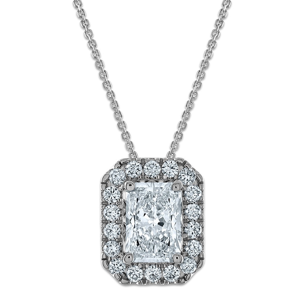 14k White Gold 2 1/2 Ct. Certified Lab Grown Diamond VS/SI+ G+ Complete 18 inch Radiant Halo Pendant Necklace