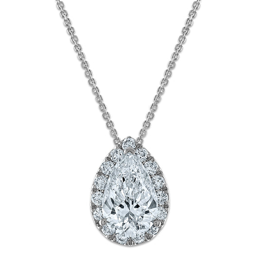 14k White Gold 2 3/8 Ct. Certified Lab Grown Diamond VS/SI+ G+ 18 inch Pear Halo Pendant Necklace