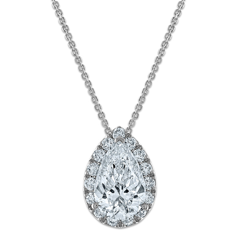 14k White Gold 2 3/8 Ct. Certified Lab Grown Diamond VS/SI+ G+ 18 inch Pear Halo Pendant Necklace