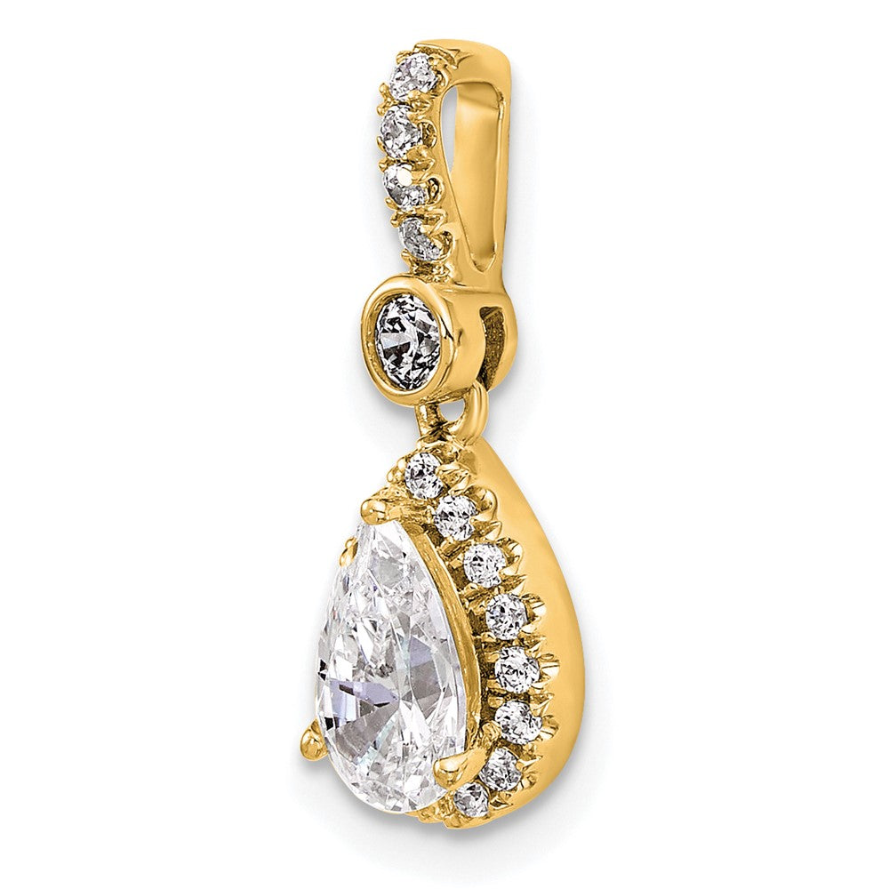 14K Yellow Gold 1 carat Lab Grown Diamond VS/SI+ G+ Pear Complete Halo Pendant