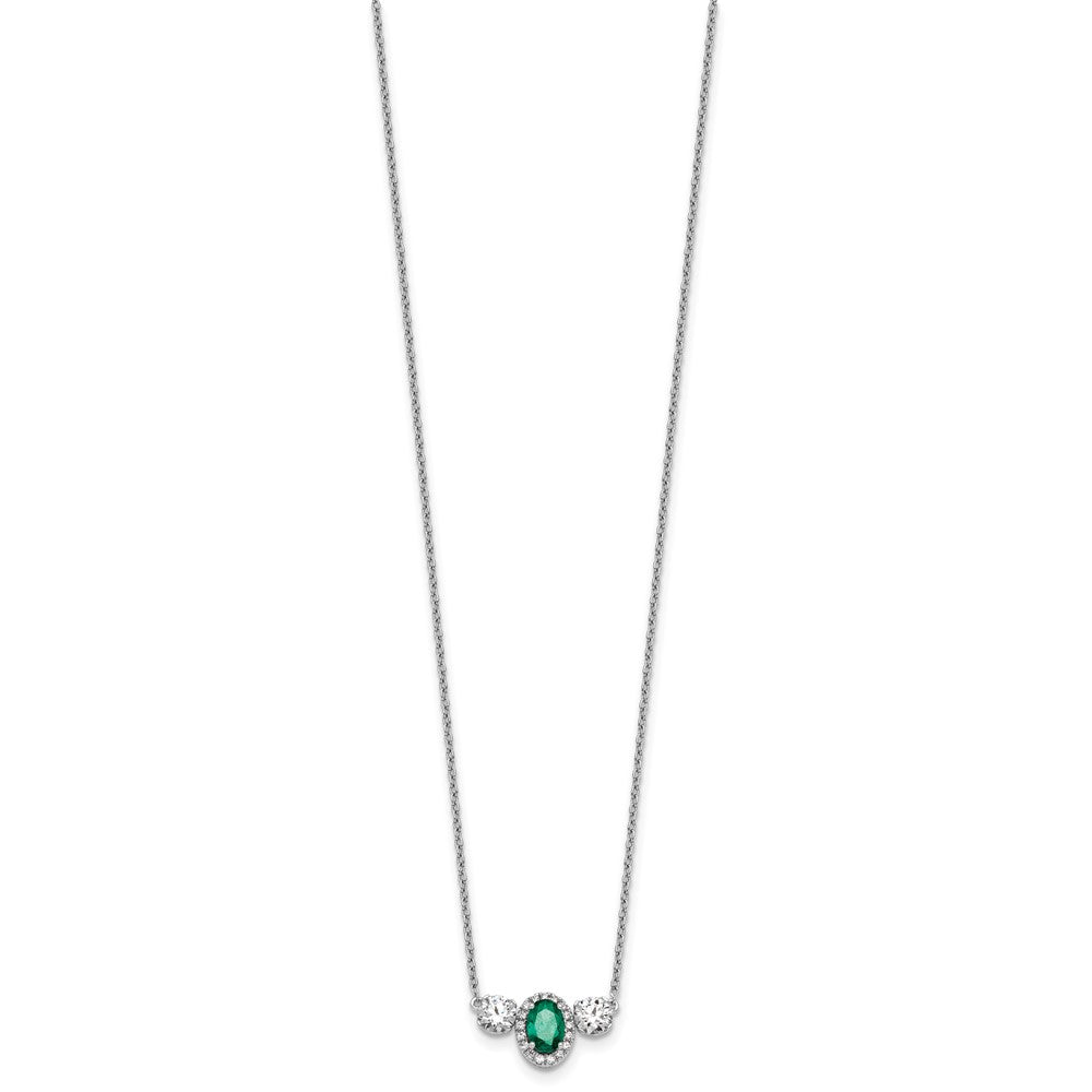 14k White Gold 1 1/8 Ct. Lab Grown Diamond VS/SI+ G+ and Created Emerald Three Stone 16 inch Necklace