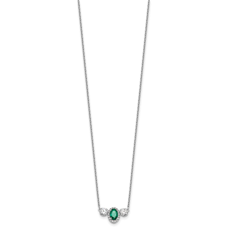 14k White Gold 1 1/8 Ct. Lab Grown Diamond VS/SI+ G+ and Created Emerald Three Stone 16 inch Necklace