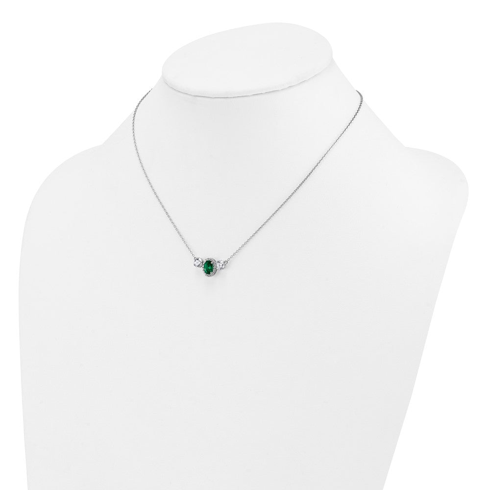 14k White Gold 1 1/8 Ct. Lab Grown Diamond VS/SI+ G+ and Created Emerald Three Stone 16 inch Necklace