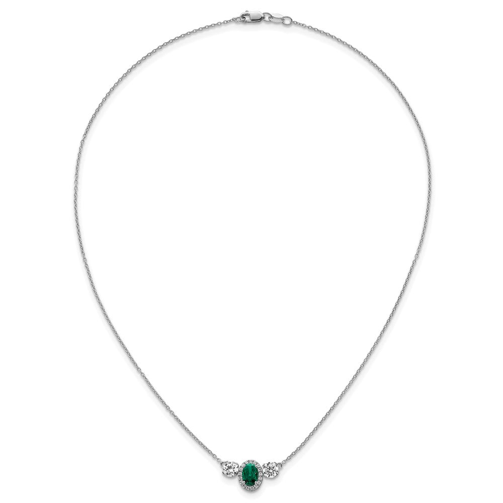 14k White Gold 1 1/8 Ct. Lab Grown Diamond VS/SI+ G+ and Created Emerald Three Stone 16 inch Necklace