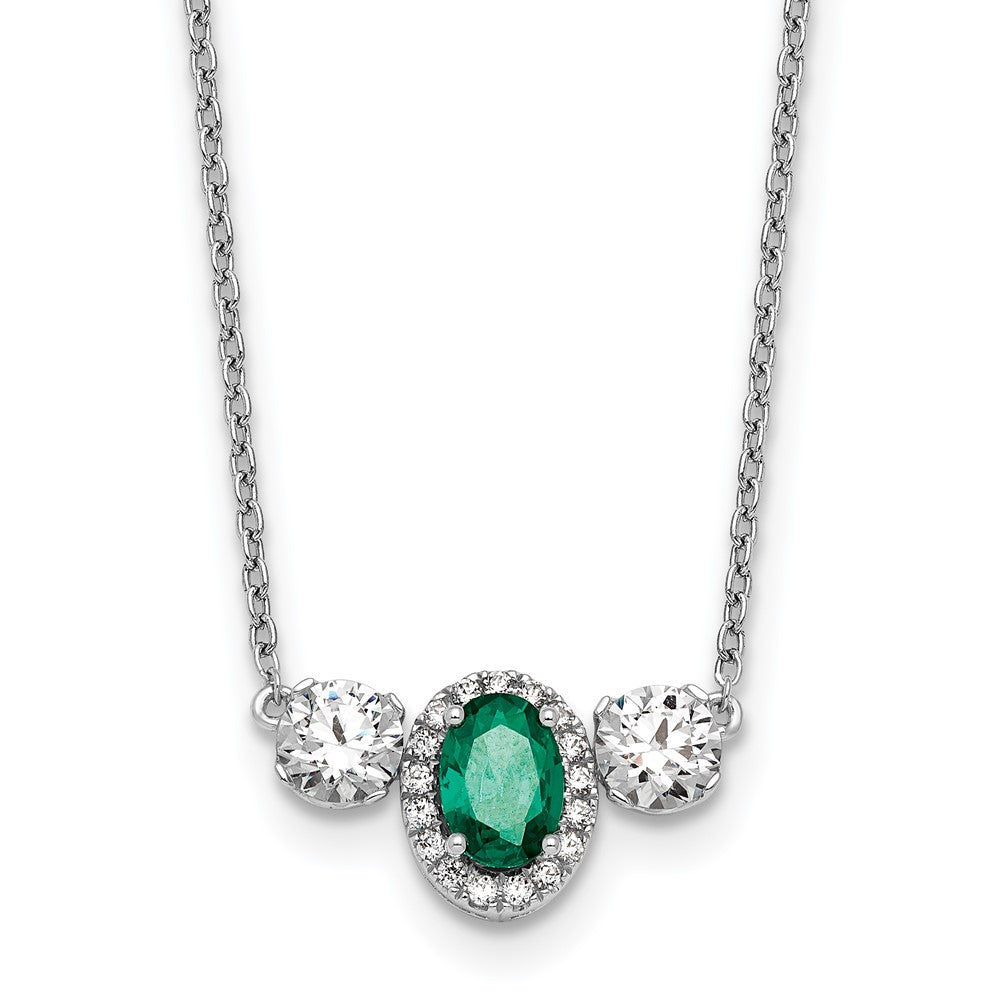 14k White Gold 1 1/8 Ct. Lab Grown Diamond VS/SI+ G+ and Created Emerald Three Stone 16 inch Necklace