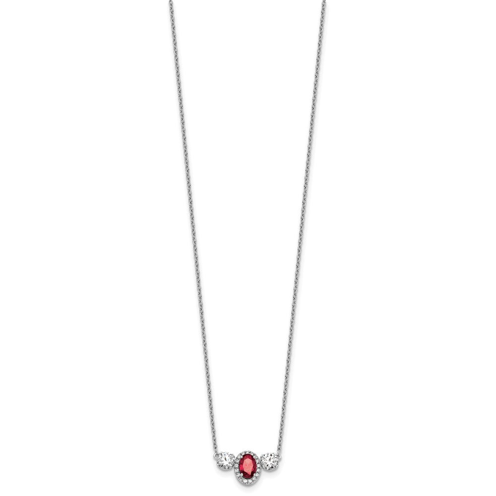 14k White Gold 1 1/8 Ct. Lab Grown Diamond VS/SI+ G+ and Created Ruby Three Stone 16 inch Necklace