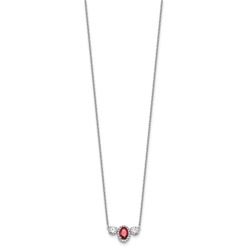 14k White Gold 1 1/8 Ct. Lab Grown Diamond VS/SI+ G+ and Created Ruby Three Stone 16 inch Necklace