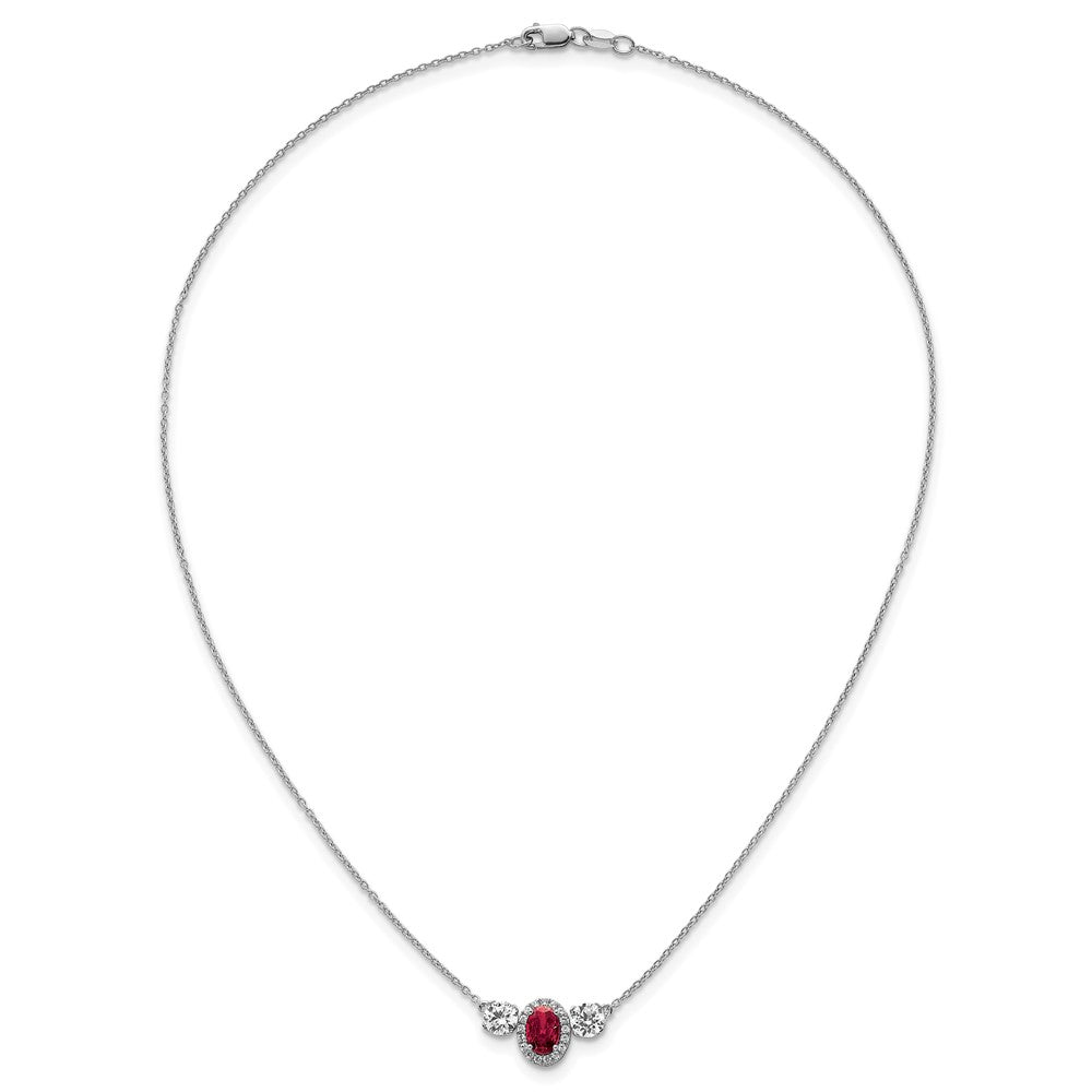 14k White Gold 1 1/8 Ct. Lab Grown Diamond VS/SI+ G+ and Created Ruby Three Stone 16 inch Necklace