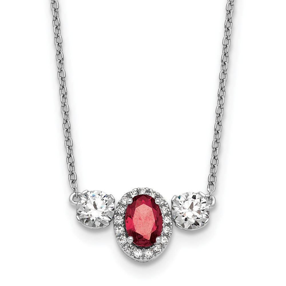 14k White Gold 1 1/8 Ct. Lab Grown Diamond VS/SI+ G+ and Created Ruby Three Stone 16 inch Necklace