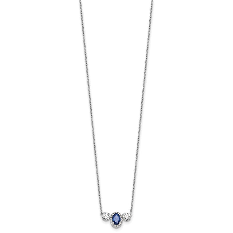 14k White Gold 1 1/8 Ct. Lab Grown Diamond VS/SI+ G+ and Created Sapphire Three Stone 16 inch Necklace