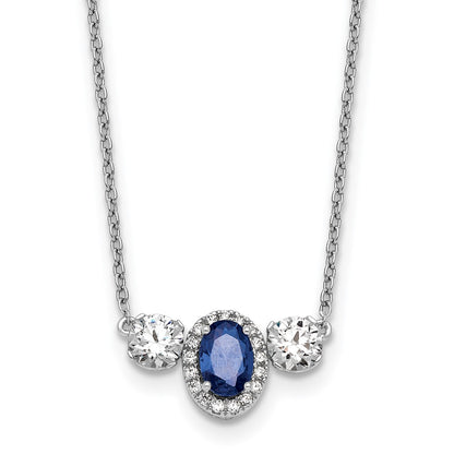 14k White Gold 1 1/8 Ct. Lab Grown Diamond VS/SI+ G+ and Created Sapphire Three Stone 16 inch Necklace