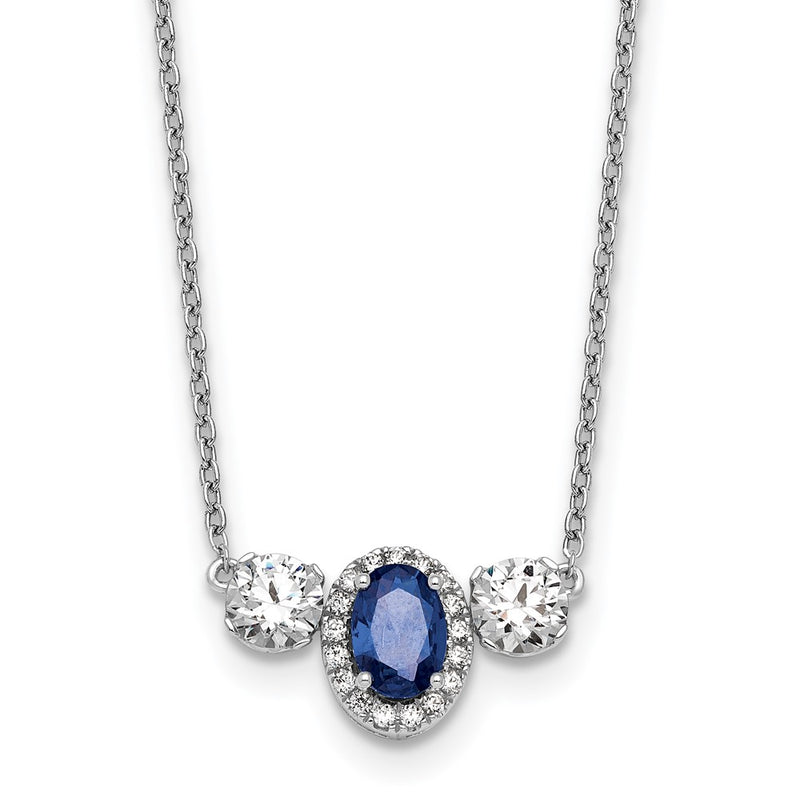 14k White Gold 1 1/8 Ct. Lab Grown Diamond VS/SI+ G+ and Created Sapphire Three Stone 16 inch Necklace