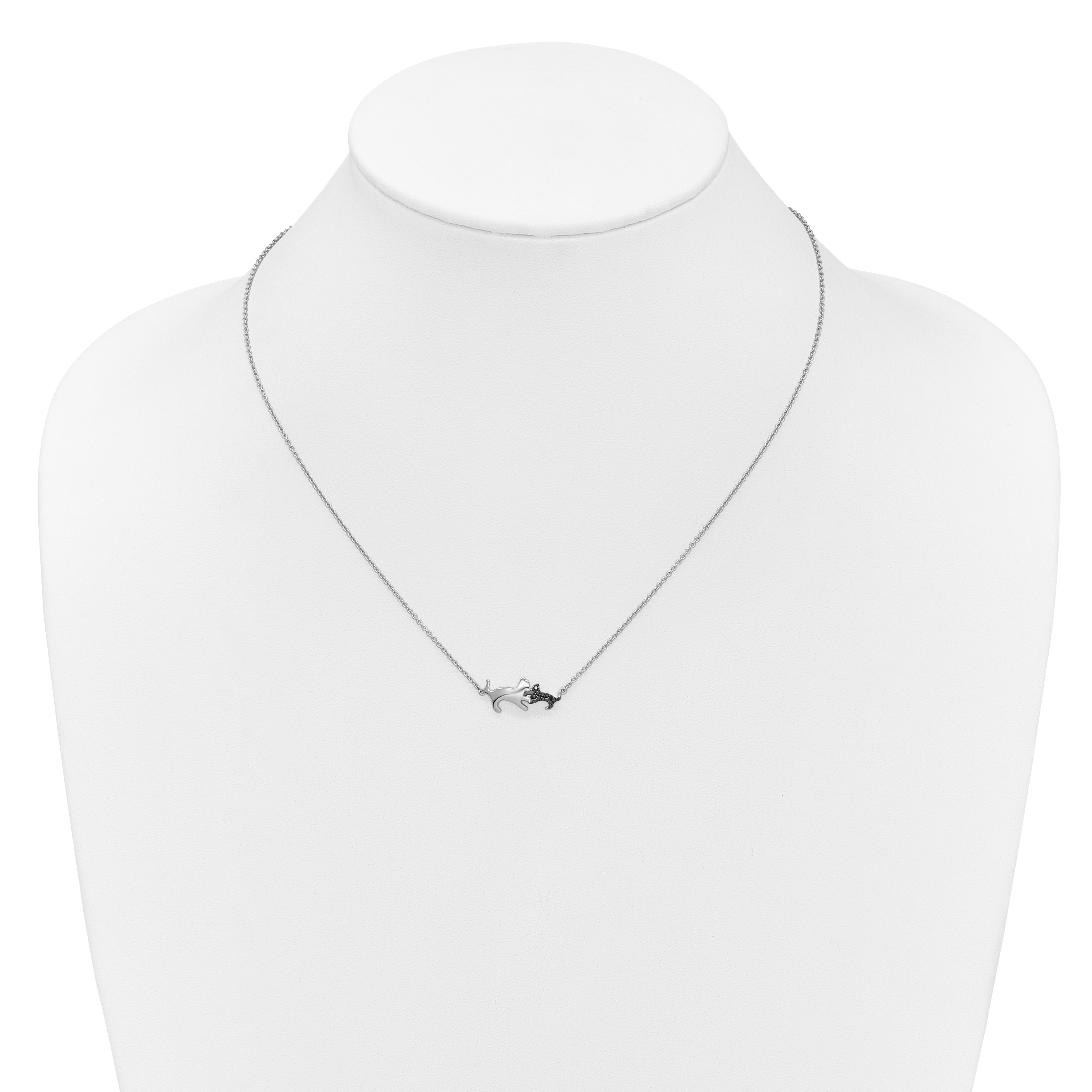 14k White Gold Black Real Diamond Mother and Baby Cat 18 inch Necklace