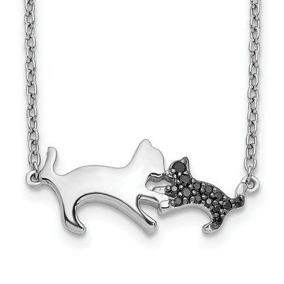 14k White Gold Black Real Diamond Mother and Baby Cat 18 inch Necklace