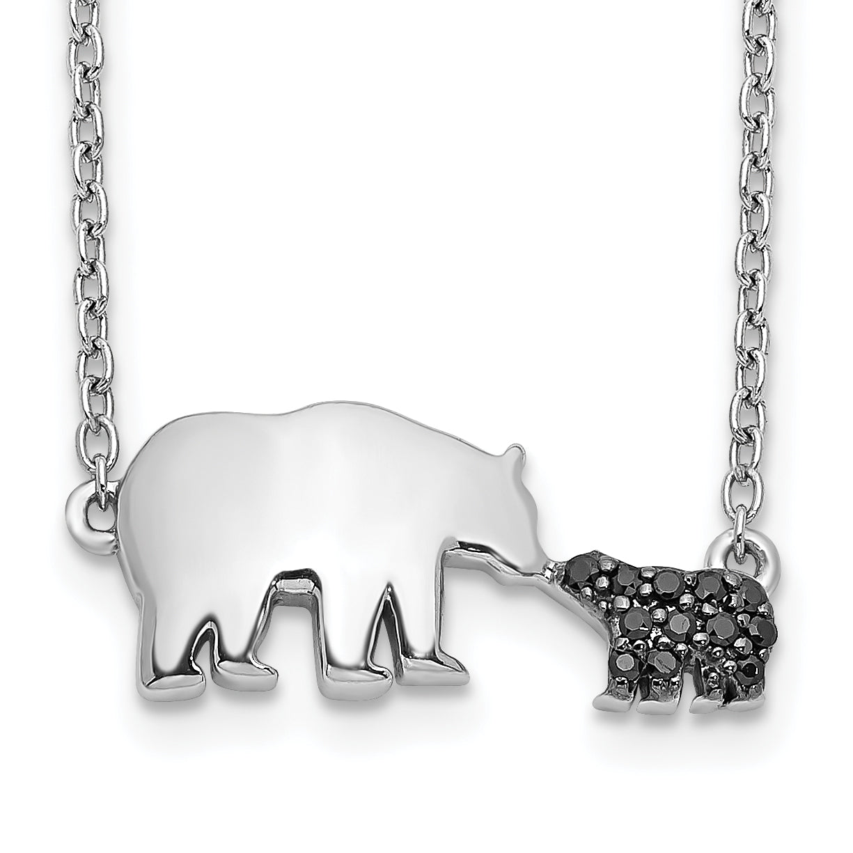 14k White Gold Black Real Diamond Mother and Baby Bear 18 in Necklace