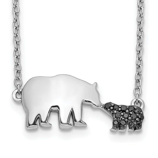 14k White Gold Black Real Diamond Mother and Baby Bear 18 in Necklace